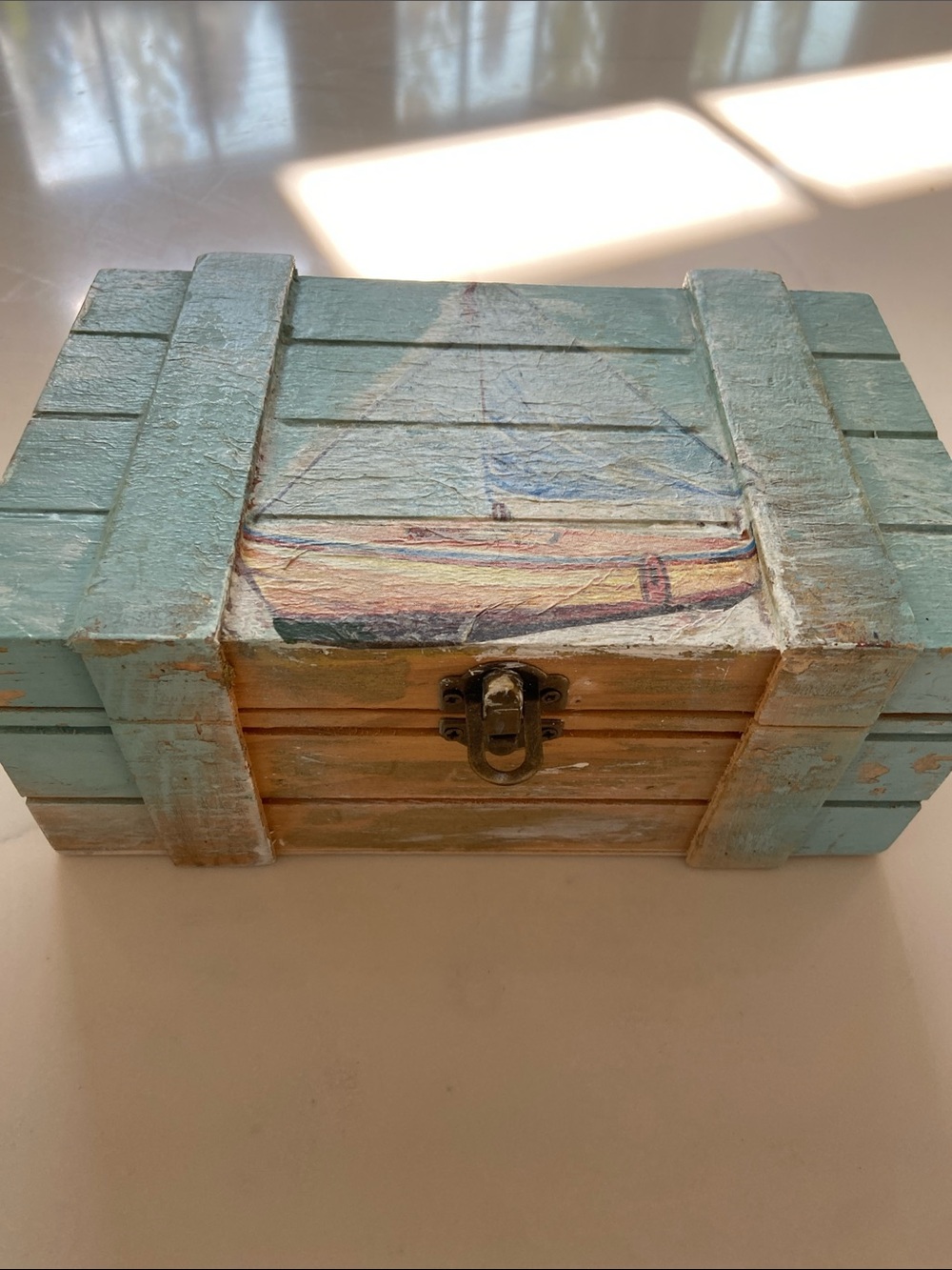 Coastal Wooden Trinket Box in Light Aqua - Nautical Accent